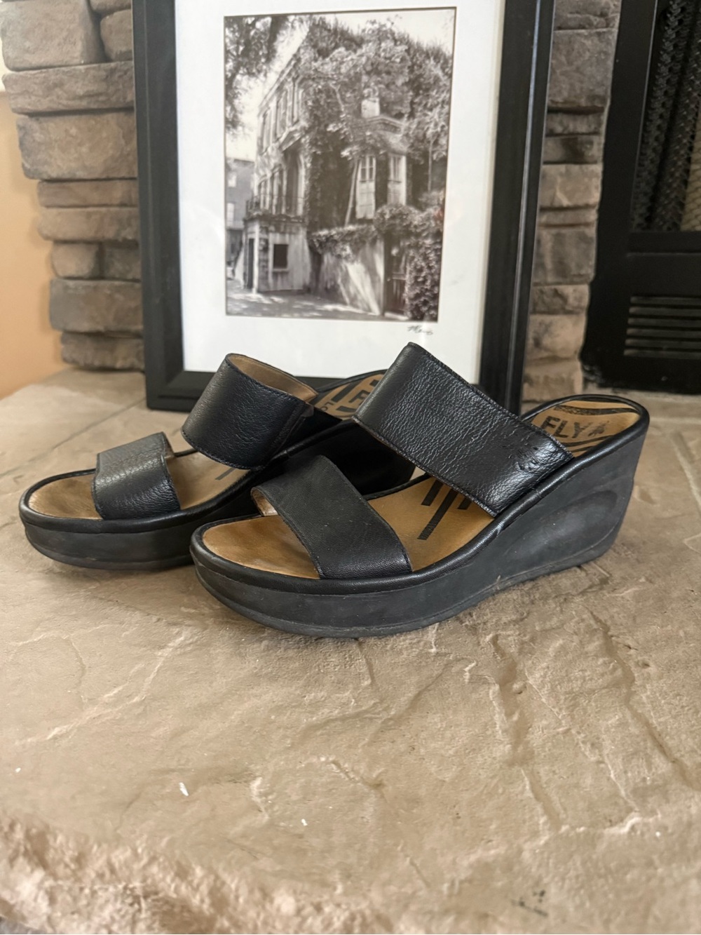 Fly London Besy Black Leather Platform Wedge Slide Sandals EU 39